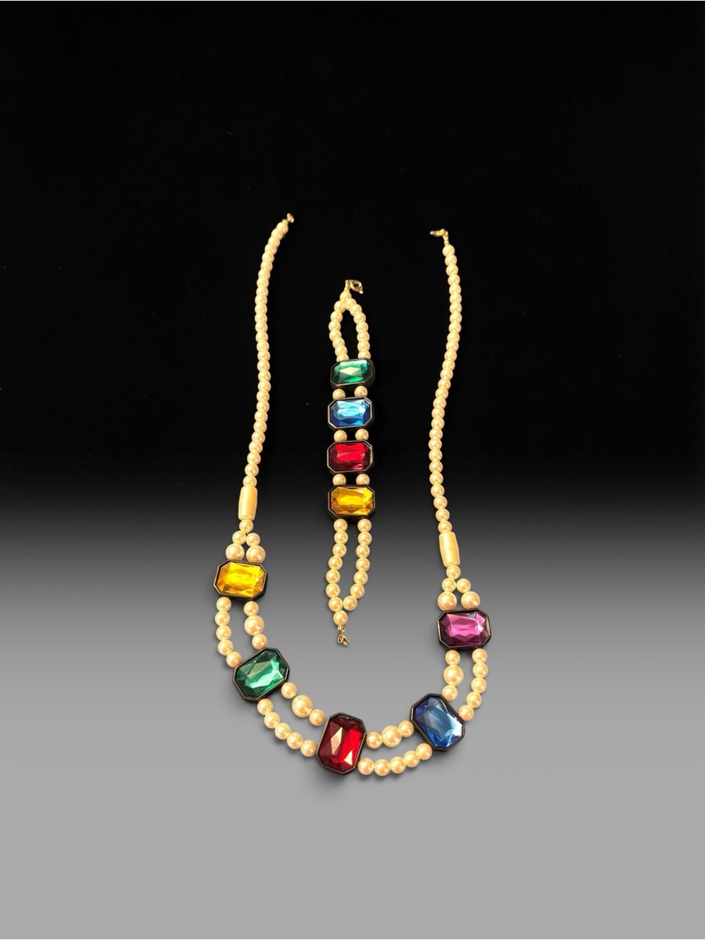 Multicolor Gemstone Faux Pearl Necklace & Bracelet Set